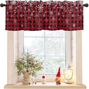 Christmas Kitchen Valances for Windows Christmas Snowflake Red and Black Buffalo Plaid 42" W x 12" L Window Valances Rod Pocket Short Curtains for Bathroom, Living Room, Bedroom, Farmhouse, Cafe