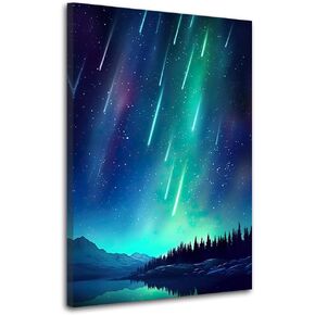 ZHOUWALLPIC Aurora Canvas Wall Art Nature Meteor Paintings Borealis Night Sky Scenery Picture Prints Bathroom Decor Framed(Modern-2,12.00" x 18.00")