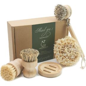 Dish Brush Set with Wooden Handle | Nautral & Bamboo Fibers Plastic Free | Pot Brush Scourer Scrubber ~ 5 Pcs Kitchen Dish Cleaning Tools - Makes Dish Cleaning Easy