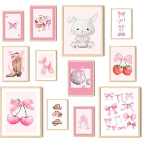 Aroutde 12Pcs Pink Coquette Wall Art Prints Trendy Preppy Room Decor Aesthetic Pink Bow Ties Cherry Canvas Wall Decor Modern Decor Painting for Girls Living Room Bedroom Dorm (Unframed)