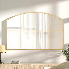 Wide Window Pane Mirror, 42x28 Inches Gold Large Farmhouse Arched Wall Mirror, Decorative Grid Mirror for Fireplace, Entryway, Hallway, Living Room