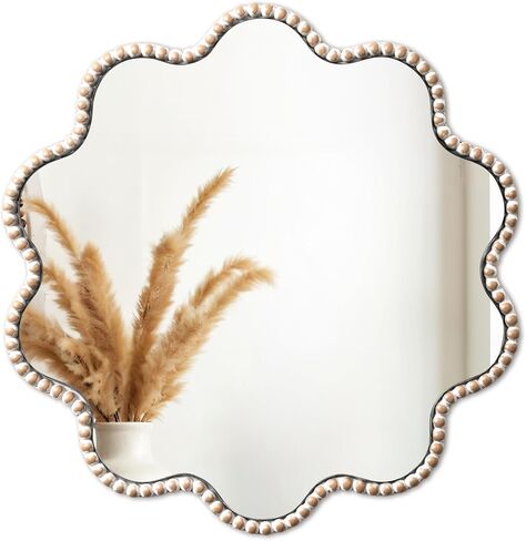 SUMGAR Wall Mirror Decor Boho Farmhouse White Round Circle Flower Wavy Wood Framed Mirror Decorative for Entryway Bathroom Bedroom Living Room Beauty Aesthetic 15×15 Inch HD Glass in Saudi Arabia