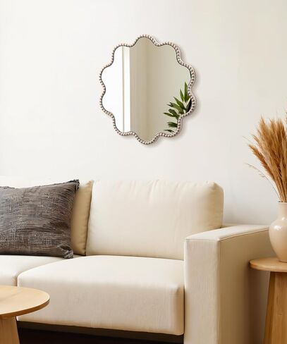 SUMGAR Wall Mirror Decor Boho Farmhouse White Round Circle Flower Wavy Wood Framed Mirror Decorative for Entryway Bathroom Bedroom Living Room Beauty Aesthetic 15×15 Inch HD Glass in Saudi Arabia