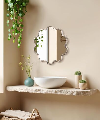 SUMGAR Wall Mirror Decor Boho Farmhouse White Round Circle Flower Wavy Wood Framed Mirror Decorative for Entryway Bathroom Bedroom Living Room Beauty Aesthetic 15×15 Inch HD Glass in Saudi Arabia