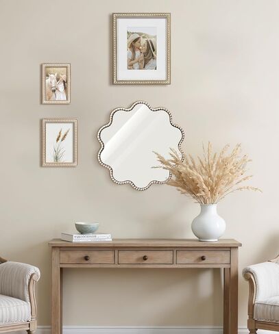 SUMGAR Wall Mirror Decor Boho Farmhouse White Round Circle Flower Wavy Wood Framed Mirror Decorative for Entryway Bathroom Bedroom Living Room Beauty Aesthetic 15×15 Inch HD Glass in Saudi Arabia