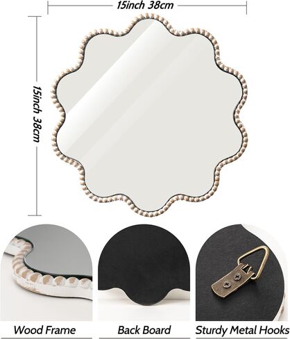 SUMGAR Wall Mirror Decor Boho Farmhouse White Round Circle Flower Wavy Wood Framed Mirror Decorative for Entryway Bathroom Bedroom Living Room Beauty Aesthetic 15×15 Inch HD Glass in Saudi Arabia