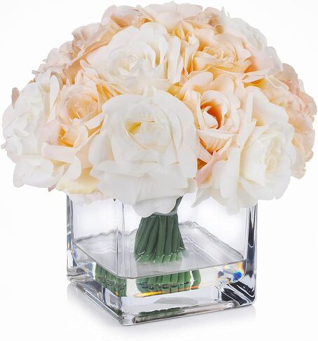 ENOVA FLORAL 18 Pieces Red Rose Artificial Flowers in Vase, Floral Arrangements Artificial with Vase and Faux Water for Wedding, Home Decor Indoor(Red) in Kuwait
