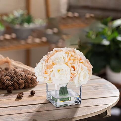 ENOVA FLORAL 18 Pieces Red Rose Artificial Flowers in Vase, Floral Arrangements Artificial with Vase and Faux Water for Wedding, Home Decor Indoor(Red) in Kuwait