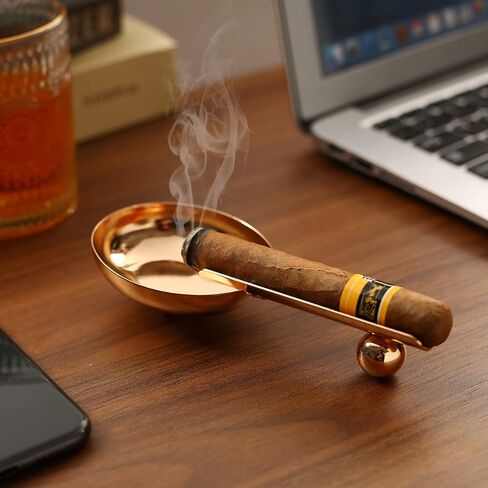 Stainless Steel Ashtray Outdoor Cigar Ashtray - Fashion Cigar Accessories Cigar Tray with Holder, Small and Portable Cigar Holder Ashtray Suitable for Business, Hotel and Gift (Gold) in Saudi Arabia