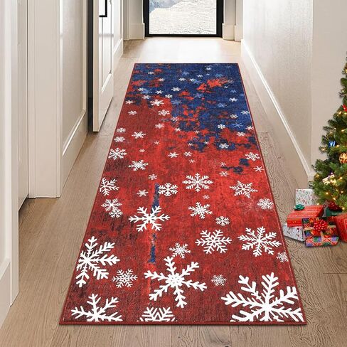 GlowSol Washable Christmas Rug 2x6 Runner Rug Hallway Rug Xmas Holiday Decor Bedroom Carpet Snowflake Non Slip Kitchen Mat Accent Rug Decorative Throw Rug Dining Room Launtry Room Living Room,Red/Blue in Kuwait