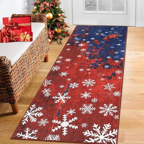 GlowSol Washable Christmas Rug 2x6 Runner Rug Hallway Rug Xmas Holiday Decor Bedroom Carpet Snowflake Non Slip Kitchen Mat Accent Rug Decorative Throw Rug Dining Room Launtry Room Living Room,Red/Blue in Kuwait