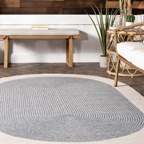 nuLOOM Indoor/Outdoor Braided Solid Border Delaine Area Rug, 6' Round, Grey in Kuwait