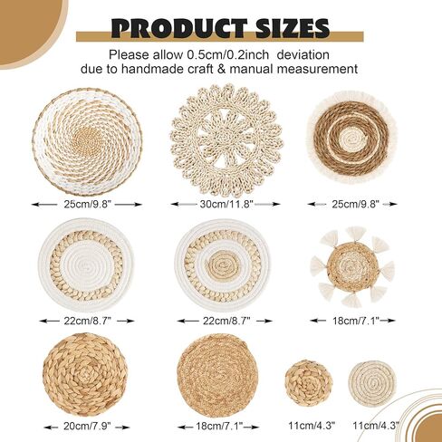 HOMQUIET 11 Pack Boho Wall Basket Decor, Handmade Rattan Wicker Seagrass Round Wall Baskets with Woven Hook, Hanging Woven Basket Decor for Farmhouse Bedroom, Living Room, Dining Room, Office in Saudi Arabia