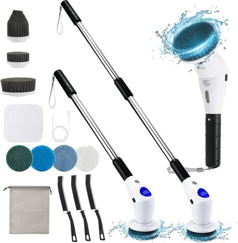 Electric Spin Scrubber, Upgraded Cordless Cleaning Brush Adjustable Speeds with LED Display Screen, Shower Cleaning Brush with 8 Replaceable Brush Heads,Gap Cleaning Brush, Adjustable Long Handle in Saudi Arabia