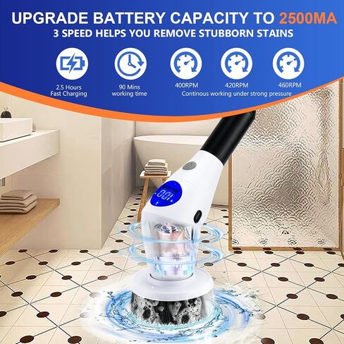 Electric Spin Scrubber, Upgraded Cordless Cleaning Brush Adjustable Speeds with LED Display Screen, Shower Cleaning Brush with 8 Replaceable Brush Heads,Gap Cleaning Brush, Adjustable Long Handle in Saudi Arabia