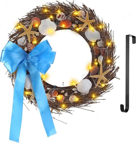 إكليل الشاطئ الساحلي من Dingion مضاء بصدف الصيف 20 بوصة إكليل طبيعي محفوظ للباب الأمامي مع أضواء LED وخطاف إكليل من قذائف نجم البحر الساحلي للداخلية والخارجية والربيع والصيف ديكور المنزل in Kuwait