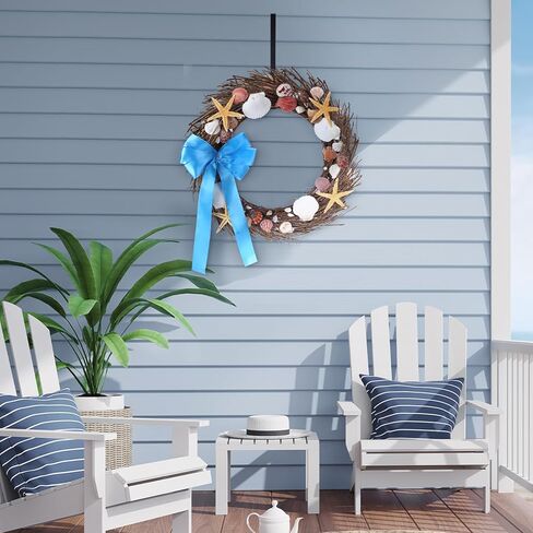 إكليل الشاطئ الساحلي من Dingion مضاء بصدف الصيف 20 بوصة إكليل طبيعي محفوظ للباب الأمامي مع أضواء LED وخطاف إكليل من قذائف نجم البحر الساحلي للداخلية والخارجية والربيع والصيف ديكور المنزل in Kuwait