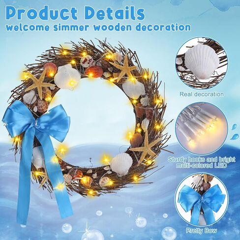 إكليل الشاطئ الساحلي من Dingion مضاء بصدف الصيف 20 بوصة إكليل طبيعي محفوظ للباب الأمامي مع أضواء LED وخطاف إكليل من قذائف نجم البحر الساحلي للداخلية والخارجية والربيع والصيف ديكور المنزل in Kuwait