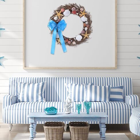 إكليل الشاطئ الساحلي من Dingion مضاء بصدف الصيف 20 بوصة إكليل طبيعي محفوظ للباب الأمامي مع أضواء LED وخطاف إكليل من قذائف نجم البحر الساحلي للداخلية والخارجية والربيع والصيف ديكور المنزل in Kuwait