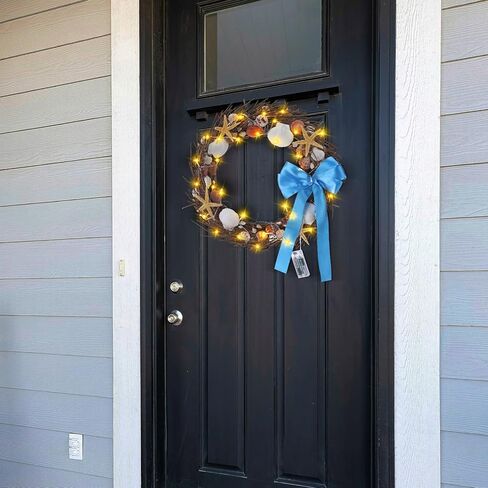 إكليل الشاطئ الساحلي من Dingion مضاء بصدف الصيف 20 بوصة إكليل طبيعي محفوظ للباب الأمامي مع أضواء LED وخطاف إكليل من قذائف نجم البحر الساحلي للداخلية والخارجية والربيع والصيف ديكور المنزل in Kuwait