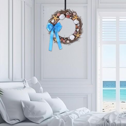 إكليل الشاطئ الساحلي من Dingion مضاء بصدف الصيف 20 بوصة إكليل طبيعي محفوظ للباب الأمامي مع أضواء LED وخطاف إكليل من قذائف نجم البحر الساحلي للداخلية والخارجية والربيع والصيف ديكور المنزل in Kuwait