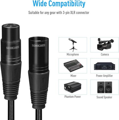 SONICAKE XLR Microphone Cable Male to Female 3 Pin Nylon Braided for Studio Recording and Live Production 10 Feet/3M, Black in Kuwait
