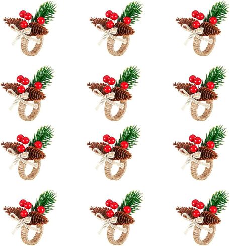 12 Pieces Christmas Napkin Rings - Thanksgiving Napkin Holders Set of 12 Rustic Wreath Napkin Rings for Xmas in Kuwait