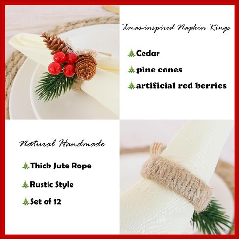 12 Pieces Christmas Napkin Rings - Thanksgiving Napkin Holders Set of 12 Rustic Wreath Napkin Rings for Xmas in Kuwait