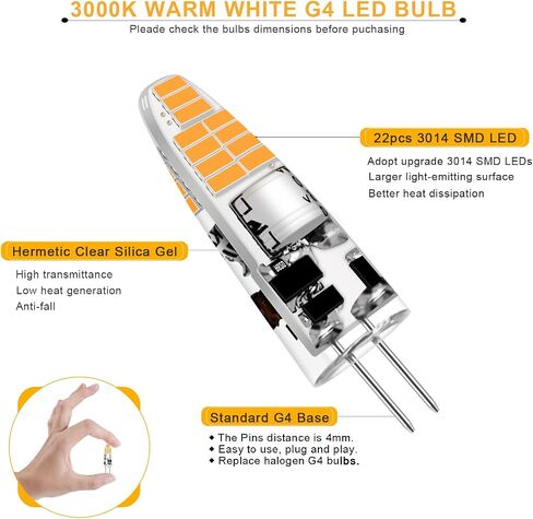 لمبة G4 LED، لمبة G4 ثنائية الدبوس 2 وات 12 فولت، استبدال لمبة هالوجين G4 20 وات، أبيض دافئ 3000 ك، بدون وميض، إضاءة الثريا/إضاءة المناظر الطبيعية/إضاءة الميكروويف (6 عبوات) in Saudi Arabia