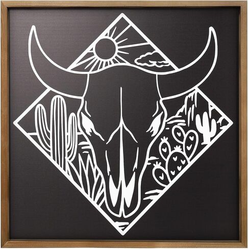 ديكور جدار جمجمة بقرة فلانجايري، فن الصحراء الجنوبية الغربية الغربية من الخشب، 21 × 21 بوصة جمجمة ثور خشبية باللون الأسود والأبيض لغرفة المعيشة المنزلية وغرفة النوم in Kuwait