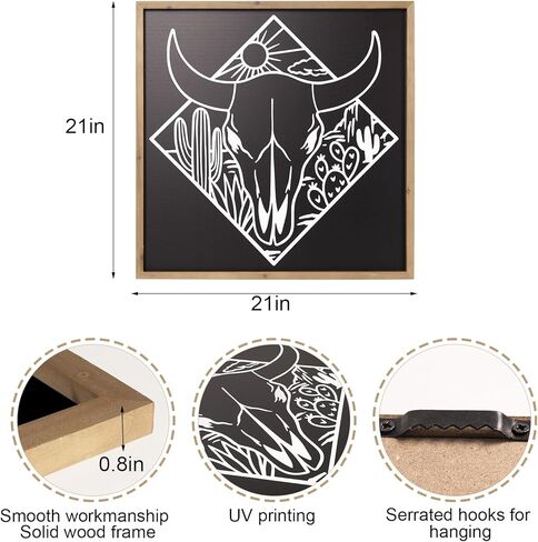 ديكور جدار جمجمة بقرة فلانجايري، فن الصحراء الجنوبية الغربية الغربية من الخشب، 21 × 21 بوصة جمجمة ثور خشبية باللون الأسود والأبيض لغرفة المعيشة المنزلية وغرفة النوم in Kuwait