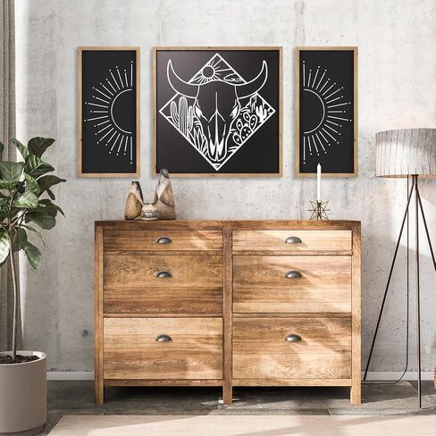 ديكور جدار جمجمة بقرة فلانجايري، فن الصحراء الجنوبية الغربية الغربية من الخشب، 21 × 21 بوصة جمجمة ثور خشبية باللون الأسود والأبيض لغرفة المعيشة المنزلية وغرفة النوم in Kuwait