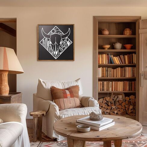 ديكور جدار جمجمة بقرة فلانجايري، فن الصحراء الجنوبية الغربية الغربية من الخشب، 21 × 21 بوصة جمجمة ثور خشبية باللون الأسود والأبيض لغرفة المعيشة المنزلية وغرفة النوم in Kuwait