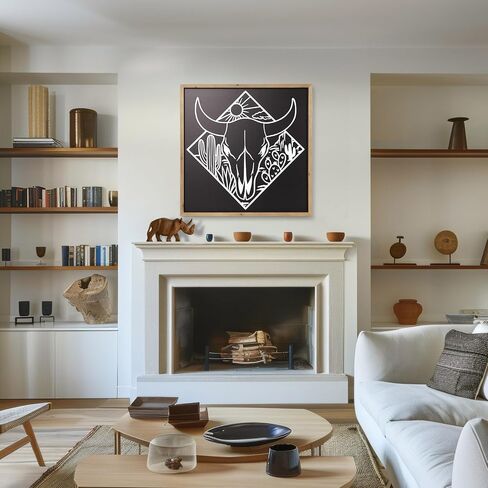 ديكور جدار جمجمة بقرة فلانجايري، فن الصحراء الجنوبية الغربية الغربية من الخشب، 21 × 21 بوصة جمجمة ثور خشبية باللون الأسود والأبيض لغرفة المعيشة المنزلية وغرفة النوم in Kuwait