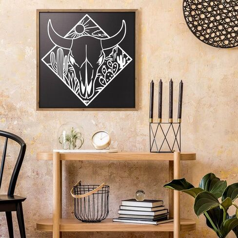 ديكور جدار جمجمة بقرة فلانجايري، فن الصحراء الجنوبية الغربية الغربية من الخشب، 21 × 21 بوصة جمجمة ثور خشبية باللون الأسود والأبيض لغرفة المعيشة المنزلية وغرفة النوم in Kuwait