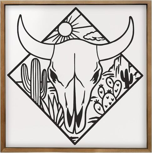 flangairy Cow Skull Wall Decor, Wood Western Southwestern Desert Art, 21× 21 Inch Black White Wooden Bull Skull for Home Living Room Bedroom in Saudi Arabia
