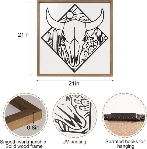 flangairy Cow Skull Wall Decor, Wood Western Southwestern Desert Art, 21× 21 Inch Black White Wooden Bull Skull for Home Living Room Bedroom in Saudi Arabia