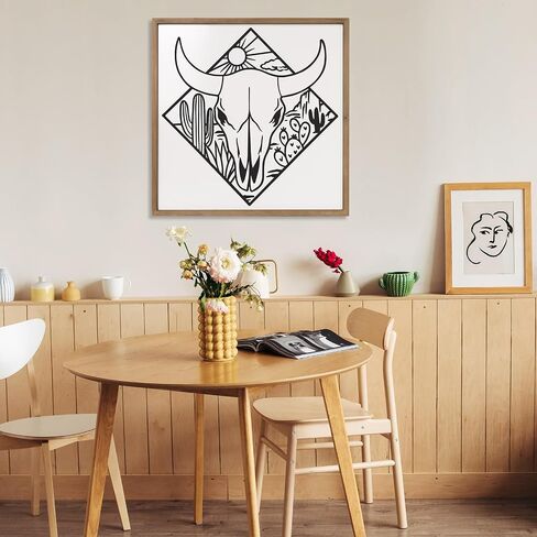 flangairy Cow Skull Wall Decor, Wood Western Southwestern Desert Art, 21× 21 Inch Black White Wooden Bull Skull for Home Living Room Bedroom in Saudi Arabia