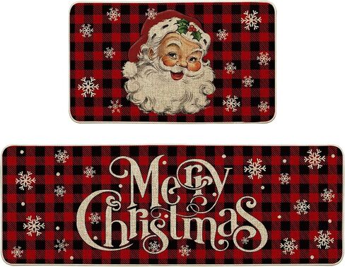 Artoid Mode Buffalo Plaid Snow Santa Claus Christmas Kitchen Rugs Set of 2, Winter Low-Profile Floor Mat Merry Christmas Decorations for Home Kitchen - 17x29 and 17x47 Inch in Saudi Arabia
