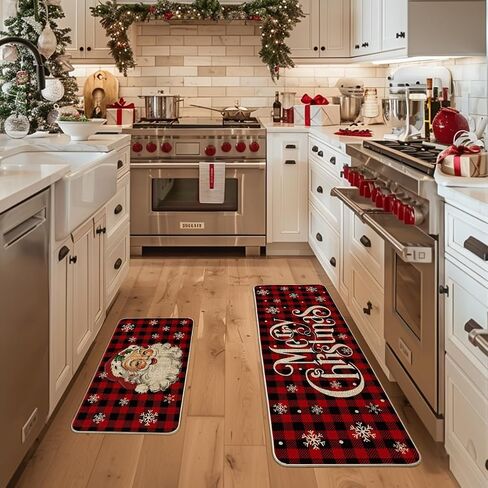 Artoid Mode Buffalo Plaid Snow Santa Claus Christmas Kitchen Rugs Set of 2, Winter Low-Profile Floor Mat Merry Christmas Decorations for Home Kitchen - 17x29 and 17x47 Inch in Saudi Arabia