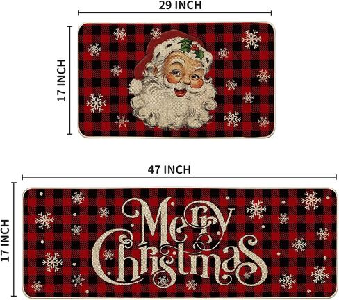Artoid Mode Buffalo Plaid Snow Santa Claus Christmas Kitchen Rugs Set of 2, Winter Low-Profile Floor Mat Merry Christmas Decorations for Home Kitchen - 17x29 and 17x47 Inch in Saudi Arabia