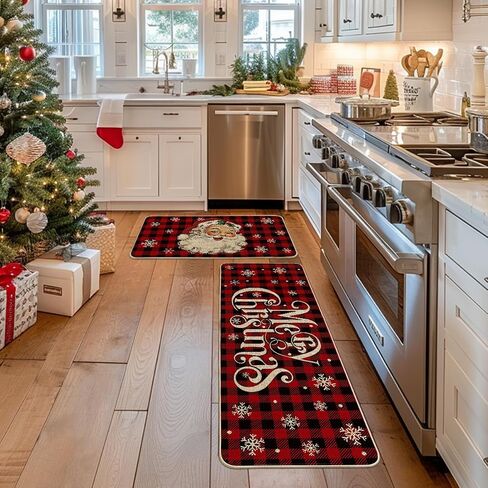 Artoid Mode Buffalo Plaid Snow Santa Claus Christmas Kitchen Rugs Set of 2, Winter Low-Profile Floor Mat Merry Christmas Decorations for Home Kitchen - 17x29 and 17x47 Inch in Saudi Arabia