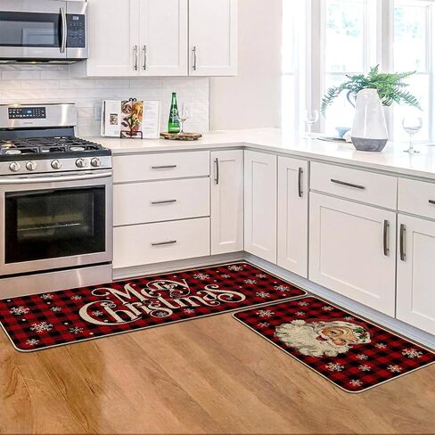 Artoid Mode Buffalo Plaid Snow Santa Claus Christmas Kitchen Rugs Set of 2, Winter Low-Profile Floor Mat Merry Christmas Decorations for Home Kitchen - 17x29 and 17x47 Inch in Saudi Arabia