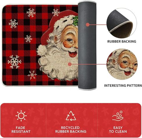 Artoid Mode Buffalo Plaid Snow Santa Claus Christmas Kitchen Rugs Set of 2, Winter Low-Profile Floor Mat Merry Christmas Decorations for Home Kitchen - 17x29 and 17x47 Inch in Saudi Arabia