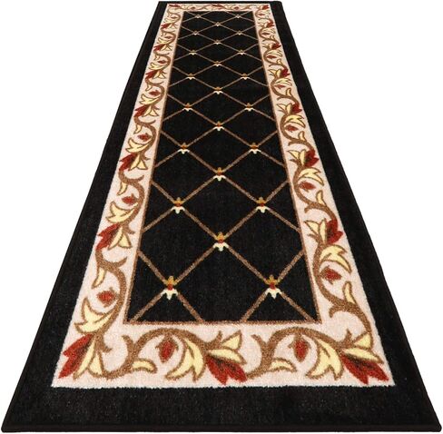 House, Home and More Skid-Resistant Carpet Runner – Traditional Lattice with Floral Border – Ebony Black – 12 Feet X 26 Inches in Saudi Arabia
