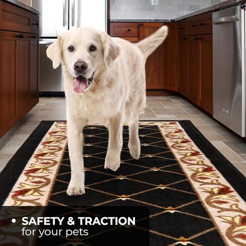 House, Home and More Skid-Resistant Carpet Runner – Traditional Lattice with Floral Border – Ebony Black – 12 Feet X 26 Inches in Saudi Arabia