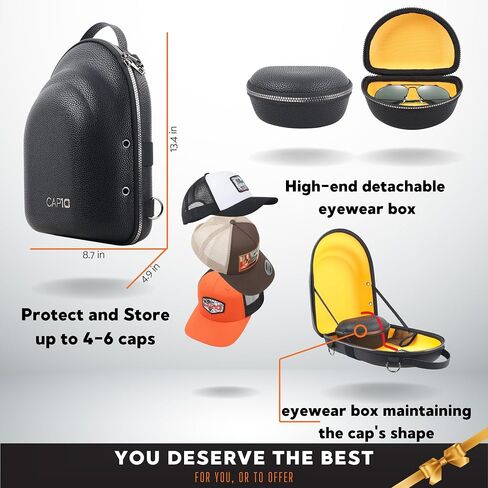 CAP10 Premium Hat Travel Case & Box - Superior Vegan Leather Cap Carrier & Organizer for Baseball Caps, New Era | Stylish Travel Hat Box for Ultimate Storage & Protection, Detachable Eyewear Box in Saudi Arabia