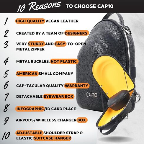 CAP10 Premium Hat Travel Case & Box - Superior Vegan Leather Cap Carrier & Organizer for Baseball Caps, New Era | Stylish Travel Hat Box for Ultimate Storage & Protection, Detachable Eyewear Box in Saudi Arabia
