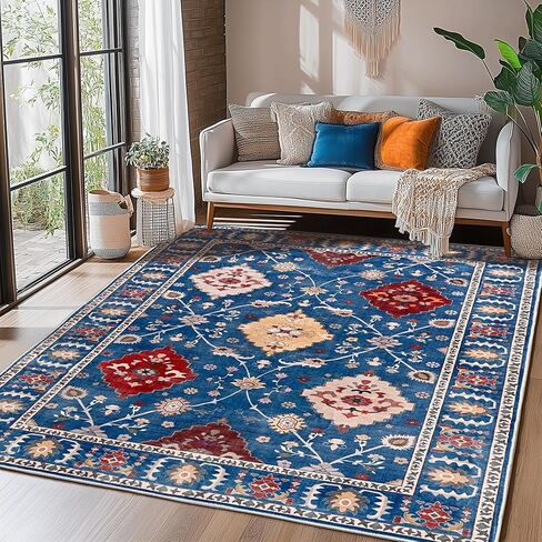 Area Rug 6x9 Washable Rug for Living Room, Large Low Pile Print Vintage Rug Non-Slip Stain Resistant Floral Carpet, Indoor Distressed Retro Floor Rug for Bedroom Dining Room Office, Green in Saudi Arabia