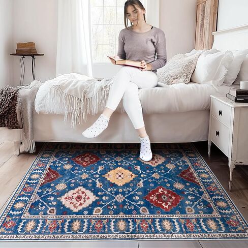 Area Rug 6x9 Washable Rug for Living Room, Large Low Pile Print Vintage Rug Non-Slip Stain Resistant Floral Carpet, Indoor Distressed Retro Floor Rug for Bedroom Dining Room Office, Green in Saudi Arabia